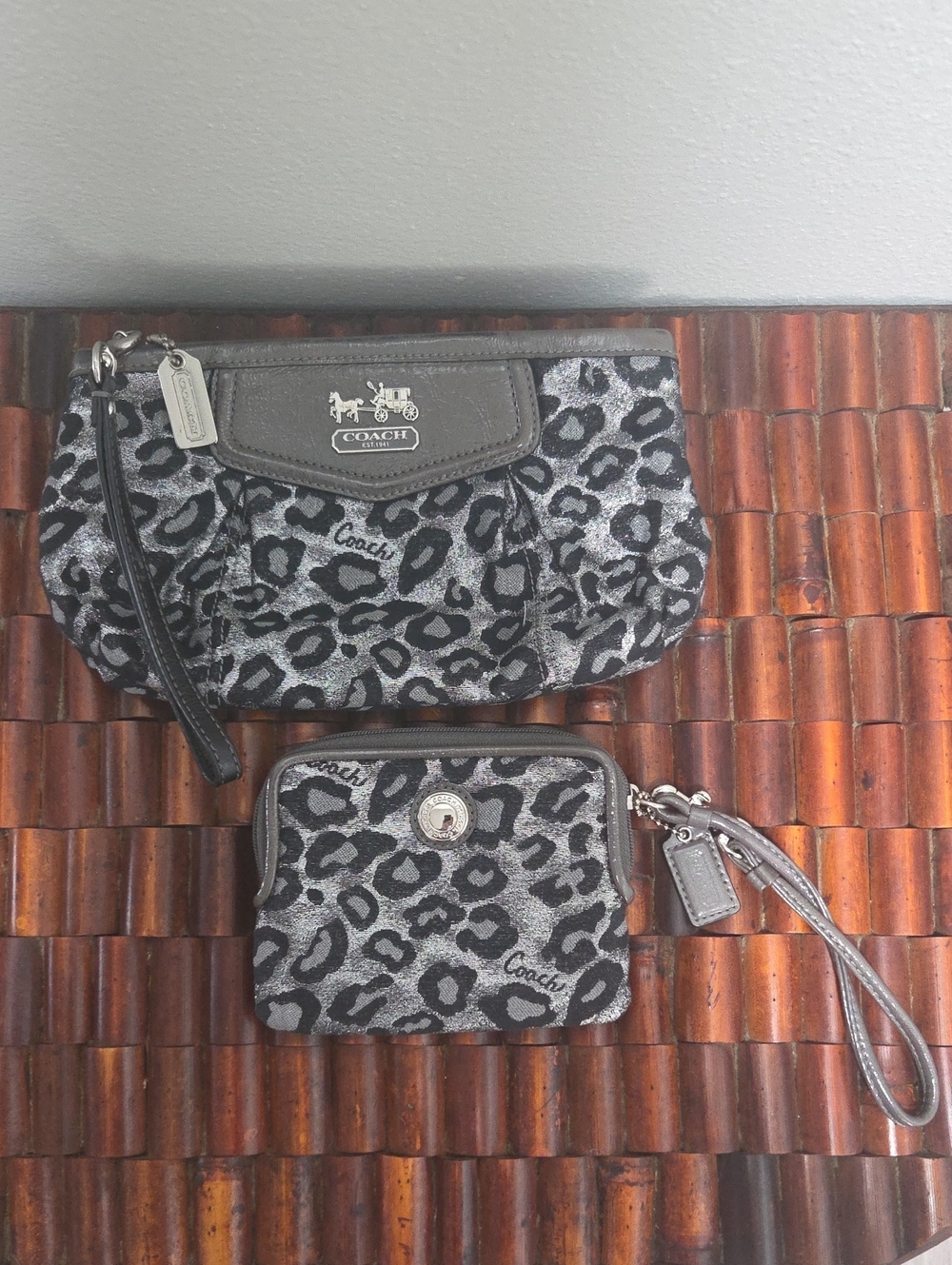 Coach Metallic Leapard Wristlet And Coin And Card Pouch